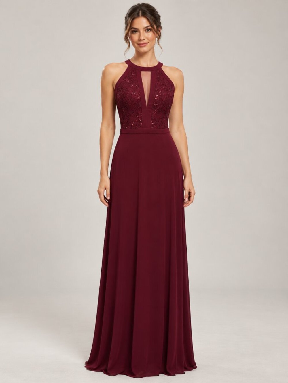 Nightway Size 6 Burgundy Fall Dress Sequin Lace Halter Formal Evening Gown